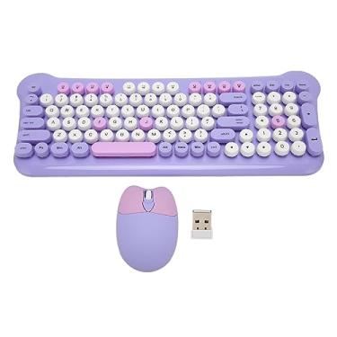 Imagem de Combinação de Teclado e Mouse Sem Fio, Teclado de Máquina de Escrever retrô Colorido Com Teclas Redondas, Mouse e Teclado Sem Fio para Computador Portátil (Roxo)