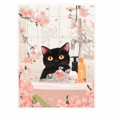 Imagem de Arte de parede de banheira de gato preto flor de cerejeira decoração de banheiro ilustração felina caprichosa impressão em tela de animais pôsteres bonitos estética japonesa decoração de casa 28 x 35