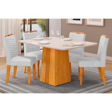 Imagem de Cozinha Completa Italia Tampo Madeirado Com Vidro 120x90cm E 4 Cadeiras Julia Cedro Off White Linho Neve