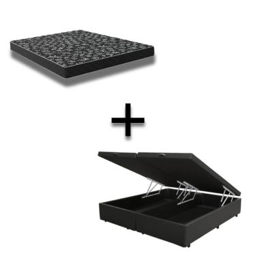 Imagem de Cama Box Baú Casal 138 Bipartido Tecido Sintético Preto Com Colchão Espuma D20 - Tampo Preto Bello Box 12cm