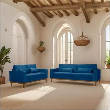 Imagem de Conjunto Sofá Living Valência 3/2 Lug. Base Madeira - Veludo Azul