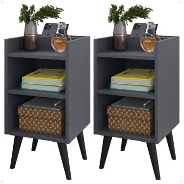 Imagem de Comprar Móveis em Casa, Kit 2 Mesas de Cabeceira Pés Palito estilo retrô Maysa Com porta celular cor Cinza - Comprar Móveis em Casa
