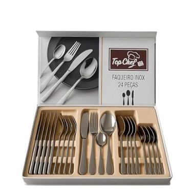 Imagem de Top Chef Faqueiro em Aço Inox, 24 Peças, Conjunto com Facas 23cm, Garfos 20,3cm, Colheres de Mesa 20,3cm e Sobremesa 13,5cm, Jogo de Talheres, Talher, Conjunto de Faqueiro de Jantar,Premium