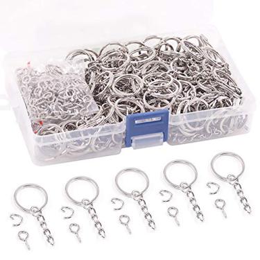 Imagem de Rustark Kit de chaveiro com 450 peças de prata plana incluindo 150 peças de anéis para chaveiro com corrente, 150 peças de argolas abertas a granel e 150 parafusos de pino de olho na caixa de loja para artes e artesanato (20 mm)
