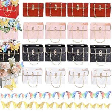 Imagem de 16 peças de saco de presente de papel de flores e 24 peças 3D ouro e prata Dazzle borboleta decoração-buquê portátil de flores caixa de mão com corrente de metal, bolsa de embrulho de presente de