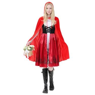 Imagem de JFDSA Fantasia de Chapeuzinho Vermelho para Mulheres, Fantasias de Halloween e Festas, Capa Vermelha com Capuz para Cosplay (P)