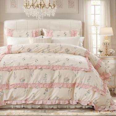 Imagem de Cozaline Conjunto de capa de edredom com babados rosa, tamanho Queen, 100% algodão lavado, fofo, floral, com fecho de zíper, 3 peças, romântico, estilo cottagecore, conjunto de cama macia para todas