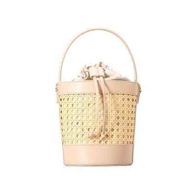 Imagem de Bolsa feminina de palha de tecido para praia, bolsa balde de verão, alça superior, bolsa de mão com cordão, bolsas de vime, S-cáqui