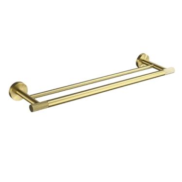 Imagem de Conjunto de acessórios para banheiro de parede em aço inoxidável dourado escovado - Suporte para toalha, suporte para papel higiênico, gancho para roupão, saboneteira (barra dupla para toalhas)