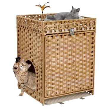 Imagem de KOUSEI Mobiliário de caixa de areia de gato de vime tecido à mão - Casa de animal de estimação interna oculta com porta e tapete, armário de banheiro discreto para sala de estar e quarto, natural
