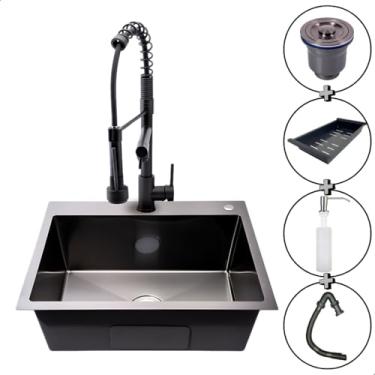 Imagem de Cuba Gourmet SOFTINOX 60x45cm de Cozinha com Torneira Monocomando - Cuba Quadrada Preta em Aço Inoxidável Gourmet 2S com Kit de Acessórios Premium