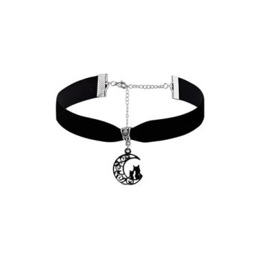 Imagem de Meztole Colar feminino de gato preto na lua, gargantilha preta gótica, lua, gato, para Halloween, vintage, punk de veludo, pingente crescente, joias góticas, acessórios de fantasia de bruxa, Metal