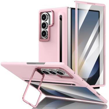 Imagem de Capa para Samsung Galaxy Z Fold 7 6 5 4 3 com protetor de tela de vidro, uma caneta, suporte para câmera, capa fina à prova de choque (dobra 5, rosa)