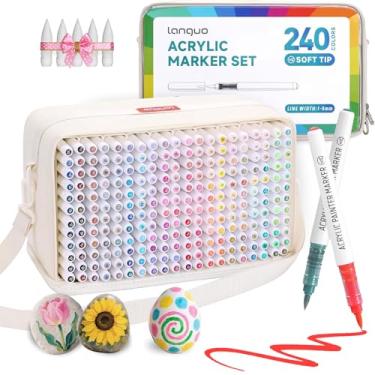 Imagem de Conjunto de marcadores de tinta acrílica de 240 cores – pontas de pincel, marcadores permanentes de secagem rápida para rocha, ovo, madeira, tecido, vidro, artesanato, marcadores de tinta de tecido à