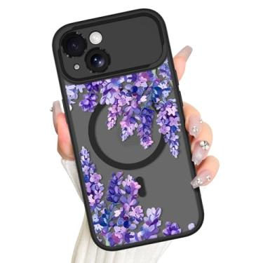 Imagem de AIGOMARA Capa magnética para iPhone 15, compatível com Magsafe, lindo design floral de lavanda roxa para mulheres e meninas, capa de telefone fina translúcida fosca para janela grande com proteção