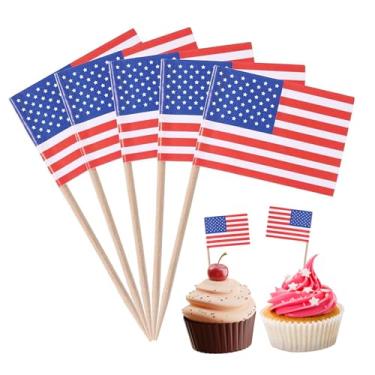 Imagem de Palitos de dente com bandeira, 100 peças, mini bandeiras americanas em palitos de alimentos, palito de dente, topos de cupcake, mini palito de coquetel, decoração de bandeira para bar de festa do dia
