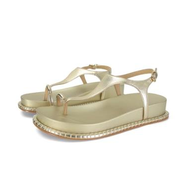Imagem de SOVANYOU Sandálias de dedo para mulheres, bico redondo, aberto, tira no tornozelo, plataforma, moderna, anel, confortável, elegante para o verão, sapatos planos, Dourado, 40