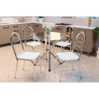 Imagem de Sala De Jantar Volga Tampo De Vidro 95x95cm E 4 Cadeiras Holanda Cromada Branco