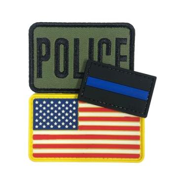 Imagem de uuKen 3 peças de adesivos bordados policiais 7 cm × 5 cm com fecho de gancho nas costas para chapéus, bonés, bolsas coletes roupas (3 peças, verde, bandeira, patch azul fino)