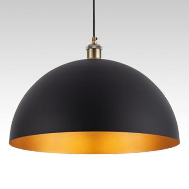 Imagem de YHANFENGCY Luminária pendente moderna de 15,74 polegadas, cúpula, luz pendente preta e dourada, adequada para lustres industriais na ilha da cozinha, quarto