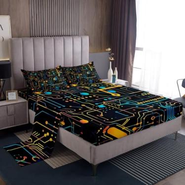 Imagem de Erosebridal Jogo de lençol casal com placa de circuito, ciência e tecnologia, para decoração de quarto de crianças, lençol com elástico azul-petróleo e listras geométricas, preto