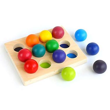 Imagem de moderngenic [Atualizado para 5 cm] Bolas de madeira arco-íris com bandeja, brinquedo Montessori educacional para classificação e combinação de 12 peças para crianças pequenas, bolas maiores para