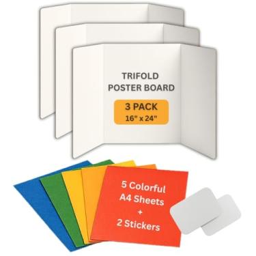 Imagem de Quadro de pôster com três dobras 40,6 cm x 61 cm, pacote com 3, papelão ondulado com bônus de 5 folhas e etiquetas A4 coloridas, parte traseira frontal branca perfeita para projetos escolares