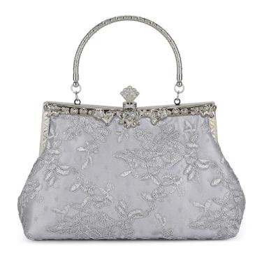 Imagem de UBORSE Bolsa vintage década de 1920 bordada de renda floral clutch para mulheres, bolsa formal à noite, bolsa de casamento, Prata