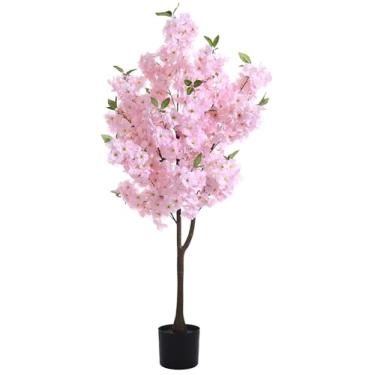 Imagem de Árvore de cerejeira artificial com flores rosa desabrochando para decoração de casa interna, planta sintética estilo japonês para sala de estar, escritório, quarto - árvore alta falsa com galhos