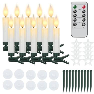 Imagem de Wondise Vela cônica de Natal sem chamas para árvore de Natal, velas operadas por bateria com controle remoto e temporizador, conjunto de 10 velas de LED cintilantes sem chama para decoração de jardim