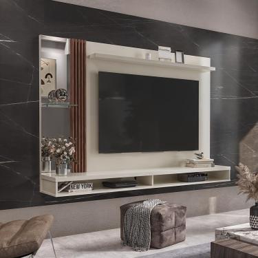 Imagem de Painel Ripado Tv 55 Polegadas Suspenso Com Espelho Sarabi - Off White E Naturale