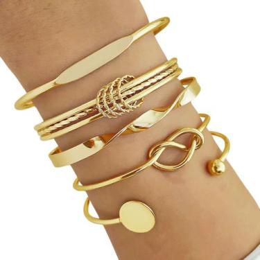 Imagem de Conjunto 5 Pulseiras Femininas Dourada Prata Bracelete Banhada Joias -