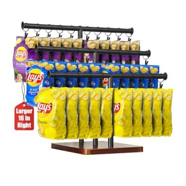 Imagem de Usluole Suporte de exibição de chips, organizador de lanches de 3 camadas com 42 clipes para mesa de escritório, suporte clássico de lascas com base de madeira para festa, expositor de lanche para