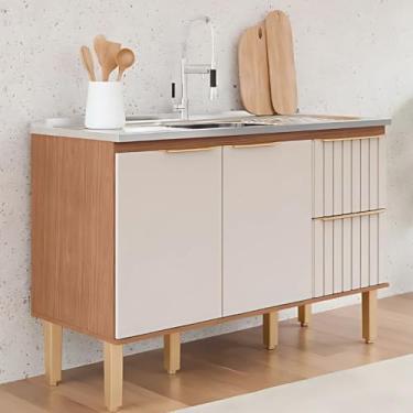 Imagem de Gabinete de Cozinha Madeira Ripada 2 Porta Balcão 100% Mdf (Freijo/Off White)