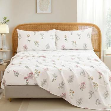 Imagem de Cozaline Jogo de cama Queen 100% algodão – Jogo de cama branco floral de jardim chique de 4 peças, tecido percal respirável macio, lençol com elástico alto 44,5 cm, sensação fresca, elegância botânica