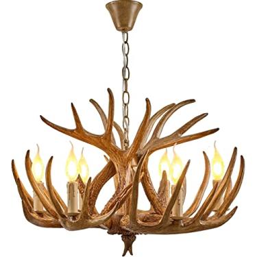 Imagem de BUUQSGKV Lustre de chifre de veado de resina marrom com 6 luzes de camada dupla vintage, lâmpadas E12 com certificação UL, lâmpadas pendentes de chifre de veado da América do Norte