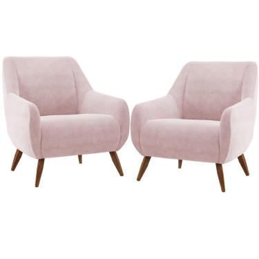 Imagem de Kit 02 Poltronas Decorativa Fixa Pés de Madeira Paloma D02 Veludo Rosê C-305 - Lyam Decor