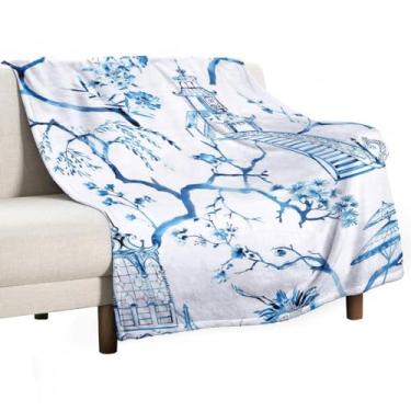 Imagem de Cobertores botânicos florais azuis estilo vintage para sofá, cobertor de lã super macio, cobertor de pelúcia e cobertor aconchegante, cobertores de cama felpudos de microfibra para cama, sofá - 101,6