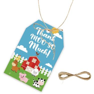 Imagem de 50 etiquetas de agradecimento de animais de fazenda, Thank Moo So Much com cordão para festa de aniversário, animais de fazenda, etiquetas de papel de agradecimento para revelação de gênero