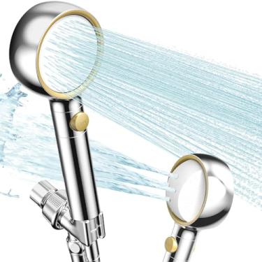 Imagem de Chuveiro filtrado de alta pressão com painel giratório de 360°, 5 modos de pulverização, bicos antientupimento, filtro de água rígido, mangueira de aço inoxidável de 150 cm e suporte de liga de zinco