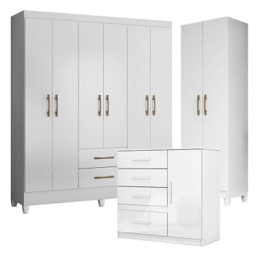 Imagem de Guarda Roupa Casal Panamá com Cômoda Vênus e Armário Multiuso New Íris Branco Brilho- Moval