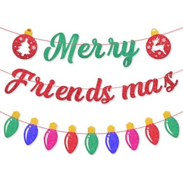 Imagem de Merry Friendsmas Banner Guirlanda Decoração de Natal – Letras brilhantes vermelhas e verdes com recortes de lâmpada para decoração de festas de fim de ano, celebração de Natal de amigos e reuniões de