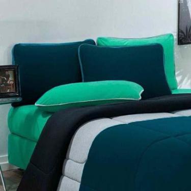 Imagem de Kit Edredom Malha 100% Algodão Urbano 2 Peças Solteiro - Azul Petroleo-mescla-preto