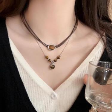 Imagem de Colar vintage com pingente de pedra de olho de tigre de camada dupla para mulheres, colar minimalista de couro com contas, joia boêmia, elegante, presente para ela