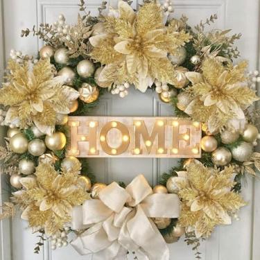 Imagem de 5 peças de flores artificiais de Natal de poinsétia dourada para árvore de Natal de 14 cm com purpurina, flores falsas com clipes, hastes, decoração faça você mesmo, guirlanda de ano novo, enfeite de