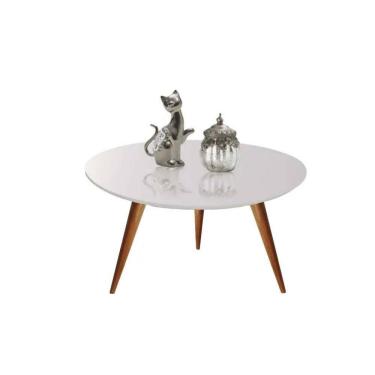Imagem de Mesa De Centro Redonda Laqueada Com Vidro Colado Pé Palito 60cm Off White