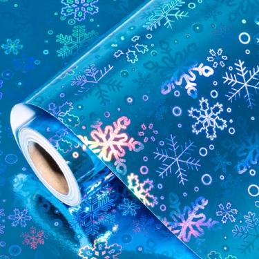 Imagem de RUSPEPA Rolo de papel de embrulho de Natal holográfico azul, mini rolo, folha metálica colorida de flocos de neve para presente para o inverno, festa de Natal, celebração de feriado, Hanukkah, 43 cm x