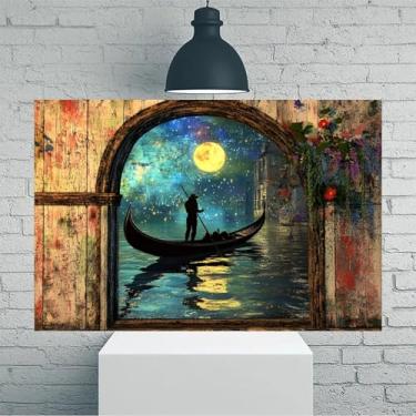 Imagem de Arte de parede em tela rústica vintage Gondolier Under Full Moon Archway - Pôster sem moldura de 30 x 45 cm - Ideia de presente para decoração de casa e escritório para sala de estar, quarto, cozinha