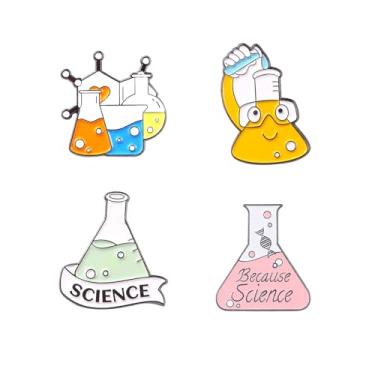 Imagem de QLUYCKW 4 peças de broches biológicos de DNA científico para mulheres e homens fofos esmaltados desenho animado cientista microscópio copo químico DNA molecular broche biológico acessórios de