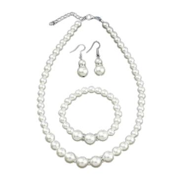 Imagem de Conjunto de 3 peças, colar, pulseira e brinco para mulheres, com contas brancas grandes, presentes para aniversários ou dia dos namorados